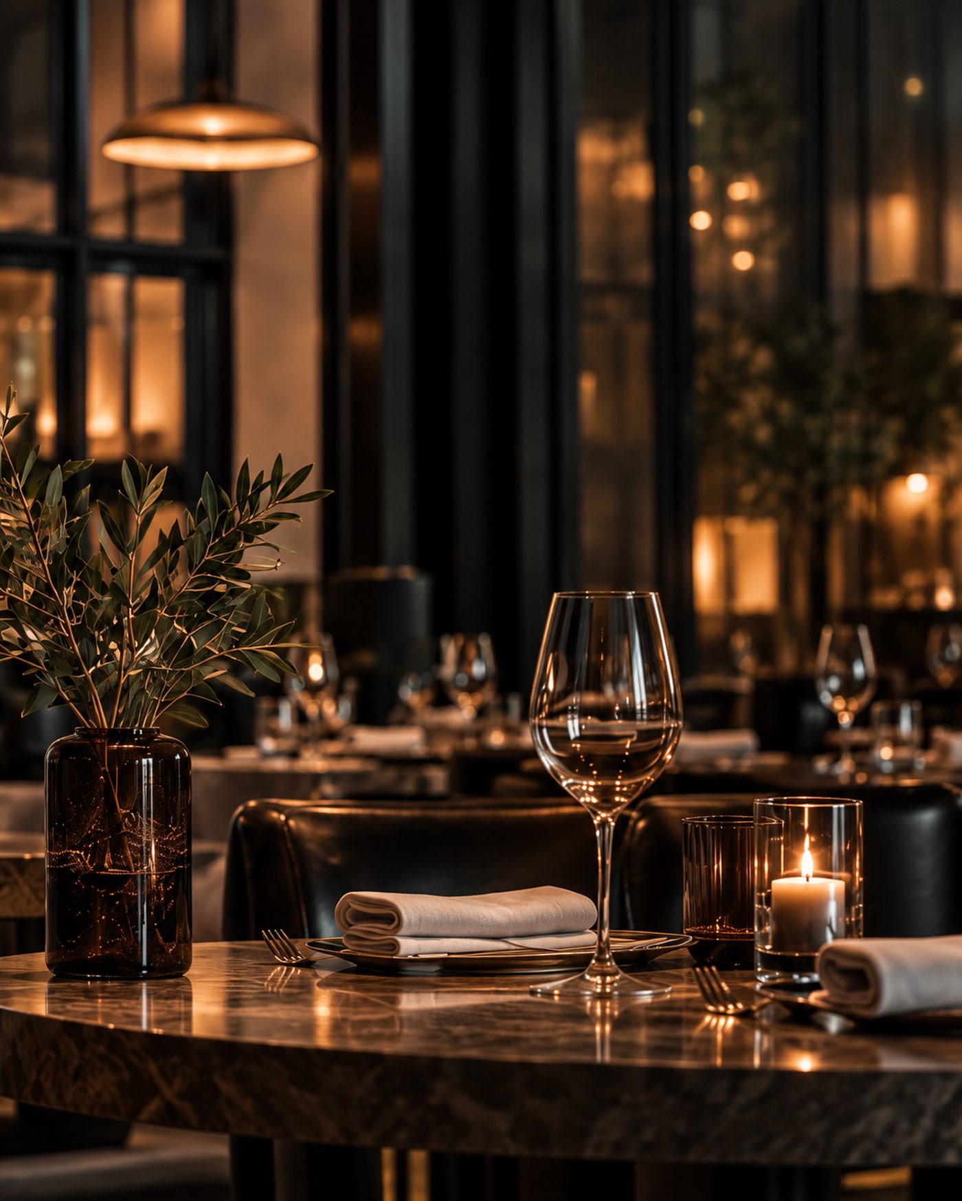 Gedekte tafel in een sfeervol restaurant met wijnglas, kaars en olijftak