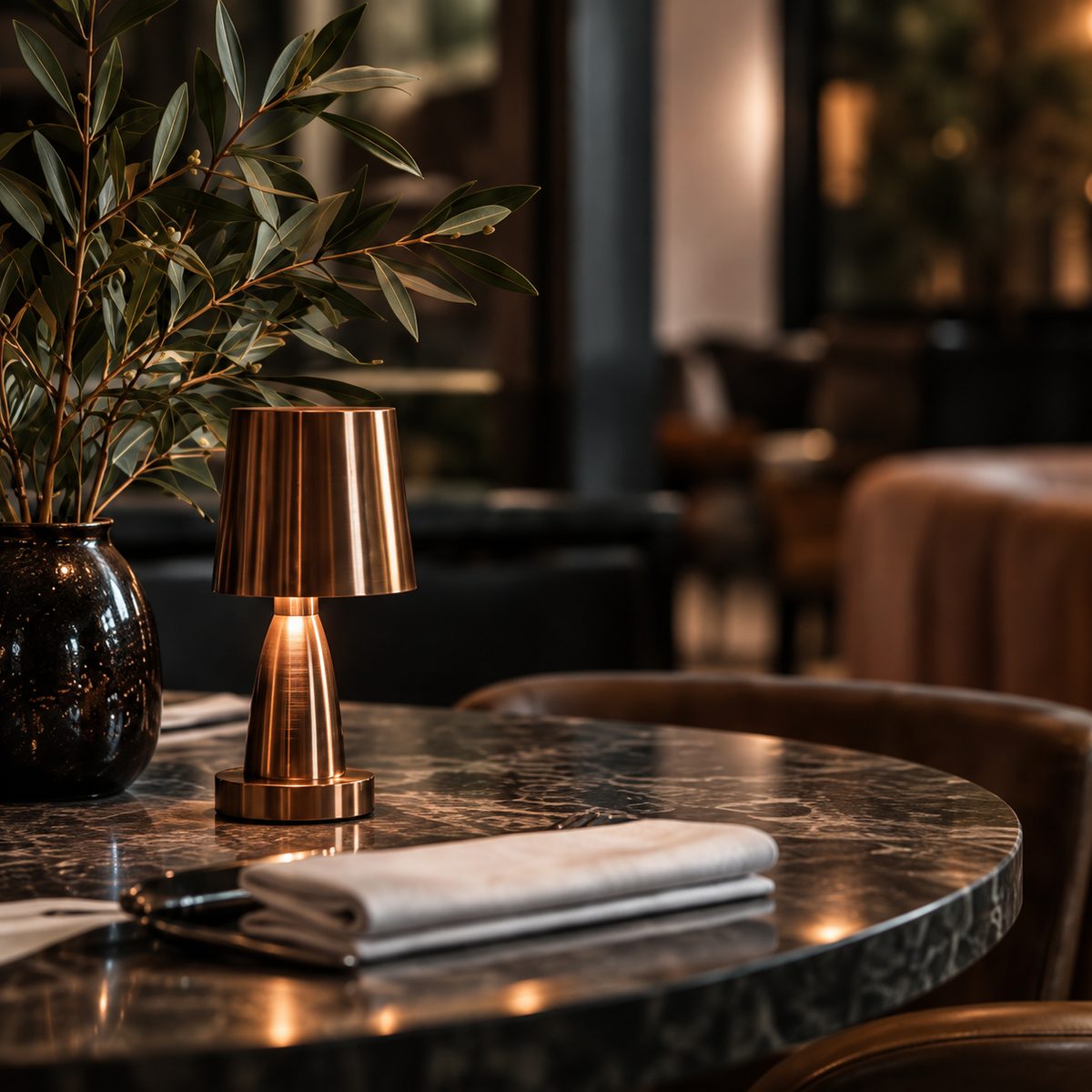 Koperen tafellamp en gevouwen servet op een marmeren tafel in een restaurant